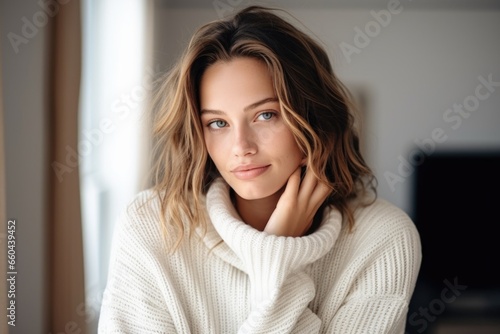 A woman in a white sweater posing for a picture, ai imaginary model.