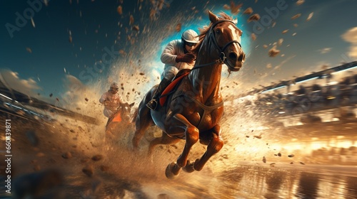 Prepare to be spellbound by the virtual spectacle of high-speed horse racing brought to life.  photo