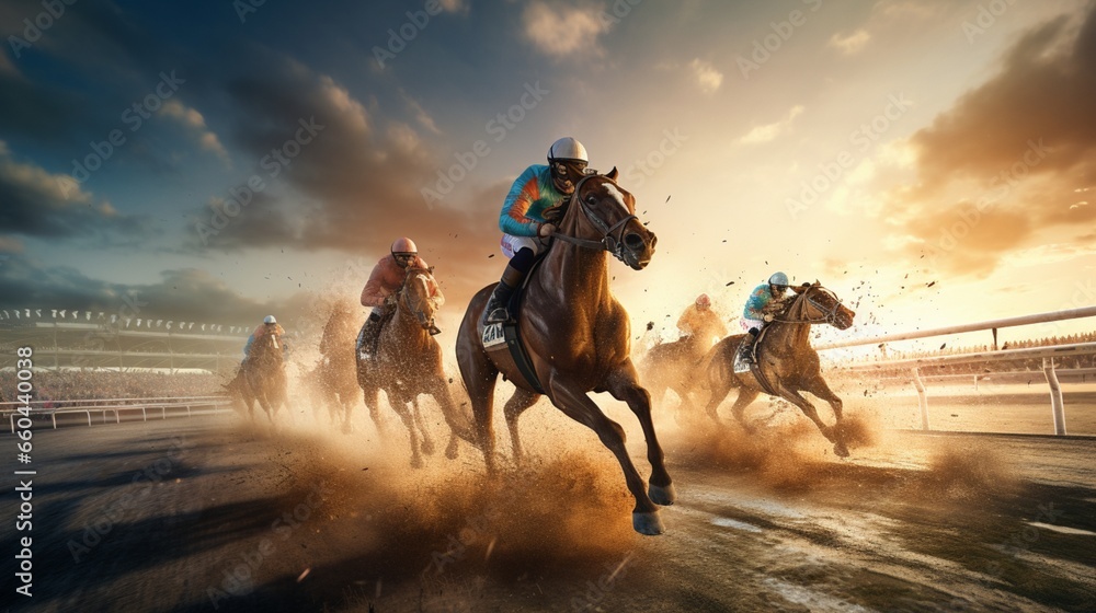Step into the virtual arena and experience the adrenaline rush of high-speed horse racing like never before.  - obrazy, fototapety, plakaty 