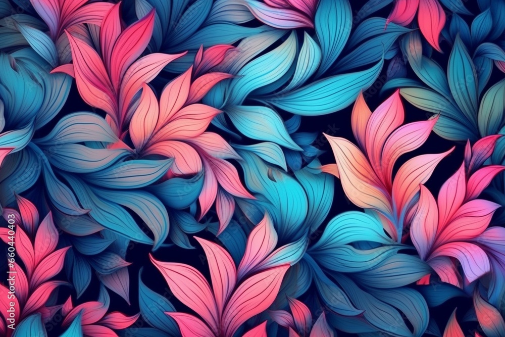 Colorful floral wallpaper with blue and pink leaves for decoration. Generative AI