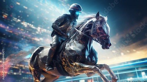 Witness the breathtaking spectacle of futuristic horse racing as virtual steeds blaze down the track.  © hamad