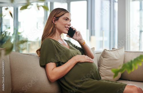 Phone call, relax and pregnant woman on a sofa in the living room of modern apartment for communication. Technology, smile and young female person with pregnancy on mobile conversation with cellphone