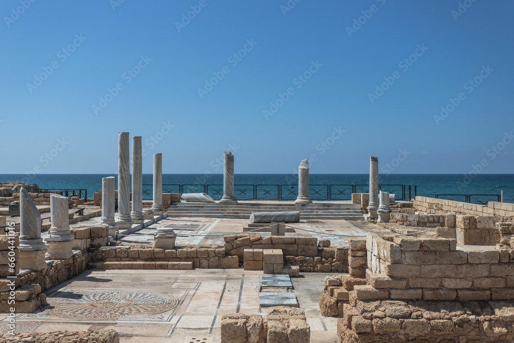 Captivating view of the ruins of ancient buildings in the Caesarea National Park in Caesarea, Israel