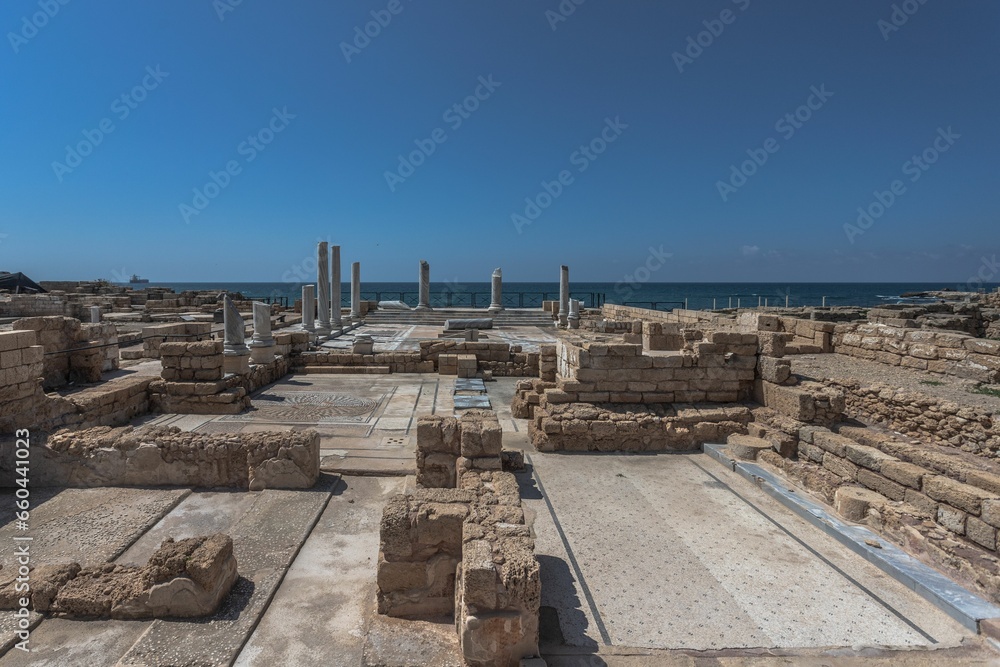 Captivating view of the ruins of ancient buildings in the Caesarea National Park in Caesarea, Israel