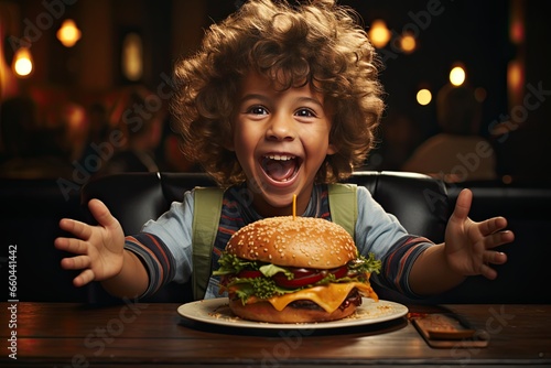 Happy little boy eating a hamburger. unhealthy fast food proper nutrition concept. child greedily with pleasure lifestyle bites a big burger at a fast food restaurant. kid eats fast food close-up