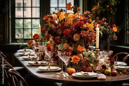 A festive autumn-themed table adorned with foliage, blooms, and seasonal embellishments. Generative AI