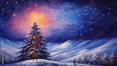 Christmas tree decorated with lights on a snowy field painted in oil