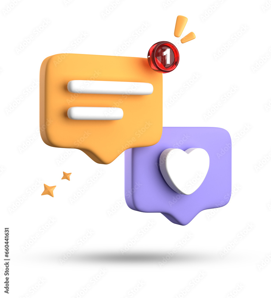 3d rendering of speech bubble with notification icons, 3D pastel yellow blue chat icon set. Set of 3d speak bubble.