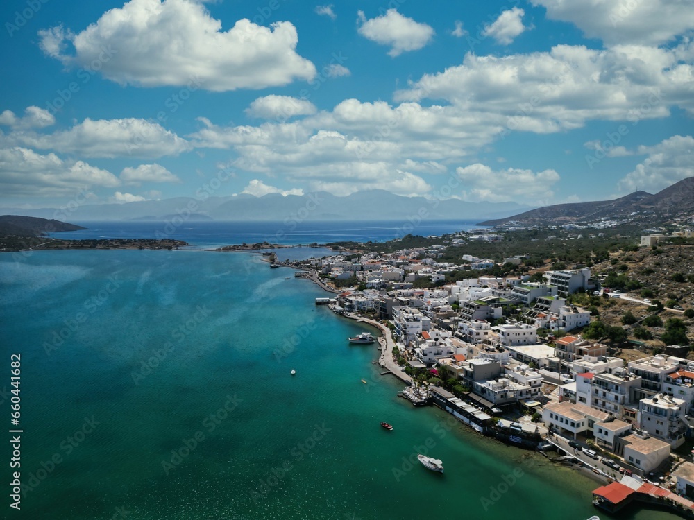 Aerial view of the small town of Elounda Bay, located on the Greek island of Crete
