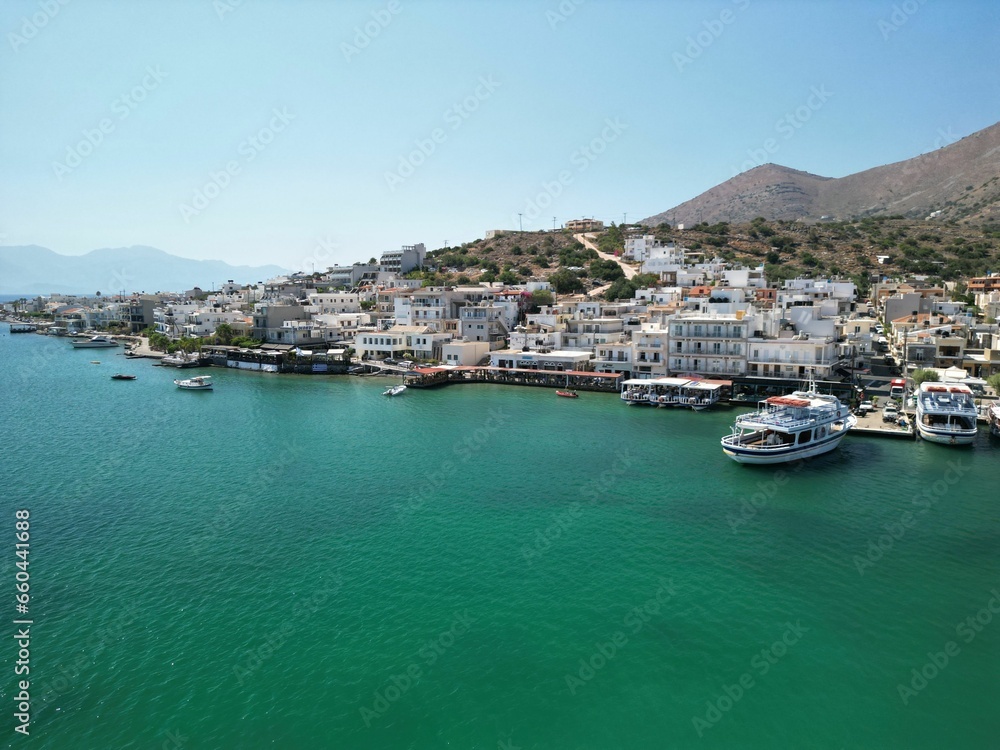 Aerial view of the small town of Elounda Bay, located on the Greek island of Crete