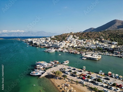 Aerial view of the small town of Elounda Bay, located on the Greek island of Crete © Wirestock