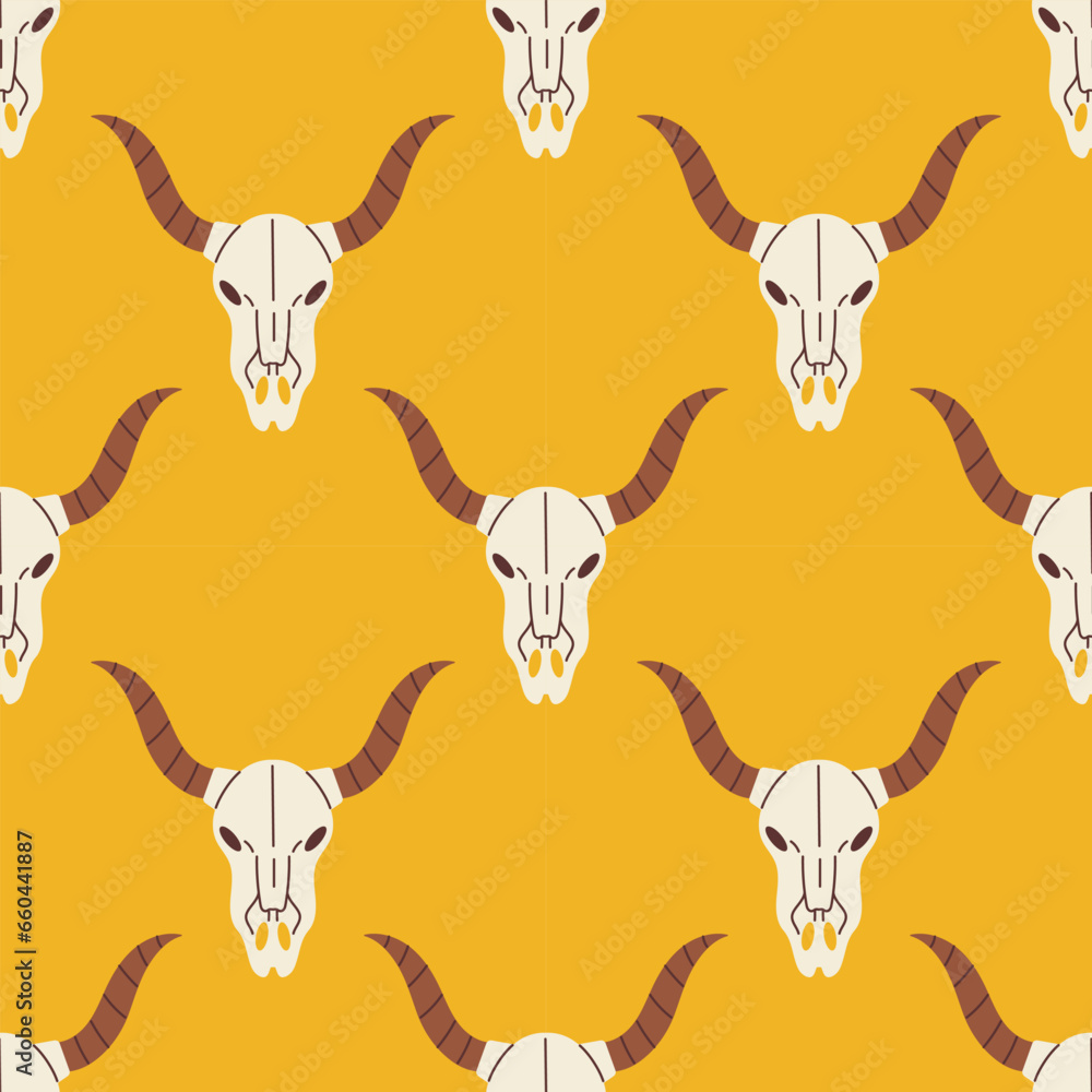 Naklejka premium Vector western seamless pattern with cow skull. Buffalo skull on yellow background. Wild west concept.