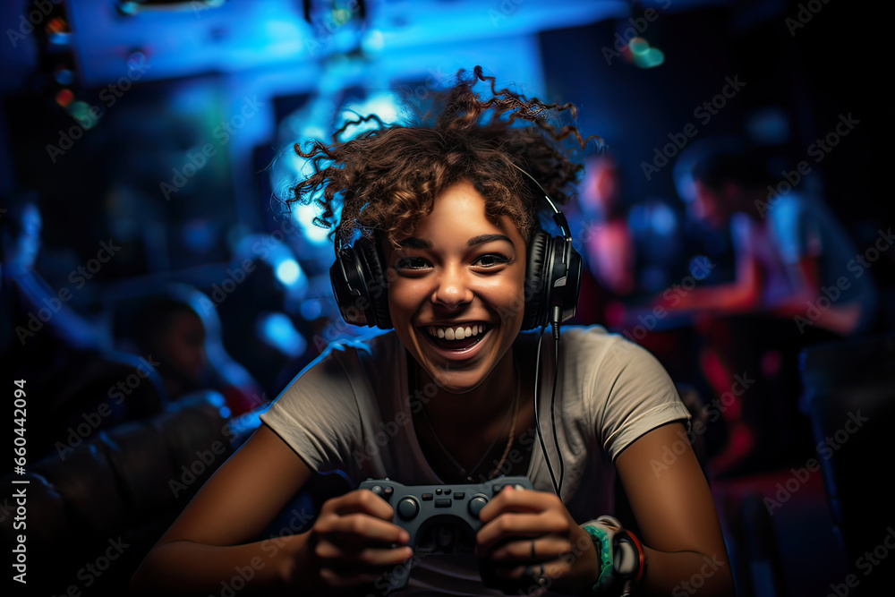 Latin teenage girl player playing video games indoors. Cybersports tournament concept. Generative AI. - obrazy, fototapety, plakaty 