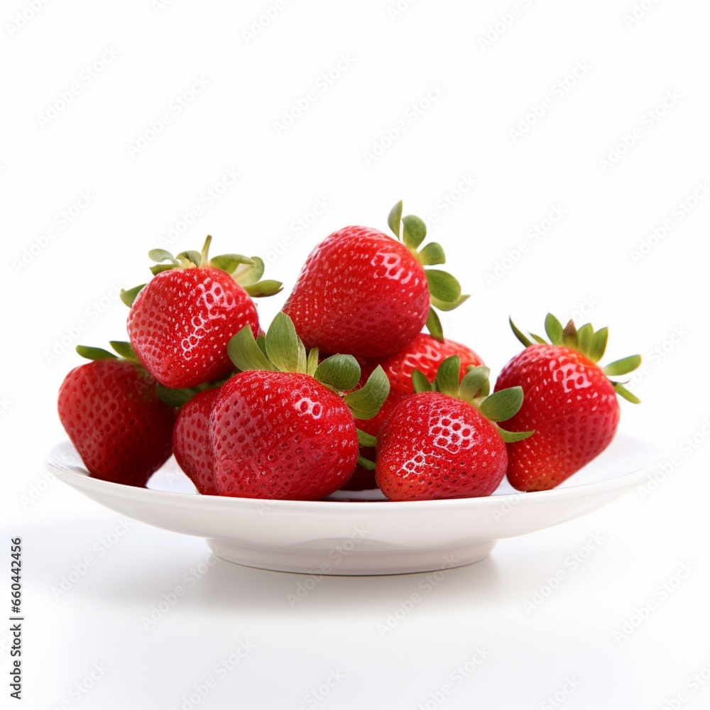 A plate of ripe, juicy strawberries on a white background A plate of ripe, juicy strawberries on a white background