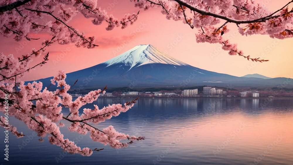 Beautiful cherry blossom scenery with a snowy mountain in the background