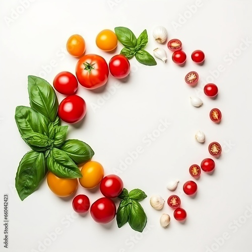 A vibrant flat lay showcasing Italian cuisine essentials like pasta  tomatoes  and basil  celebrating the tricolors of the Italian flag  perfectly captured from a top view with an empty space.