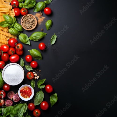 A vibrant flat lay showcasing Italian cuisine essentials like pasta, tomatoes, and basil, celebrating the tricolors of the Italian flag, perfectly captured from a top view with an empty space.