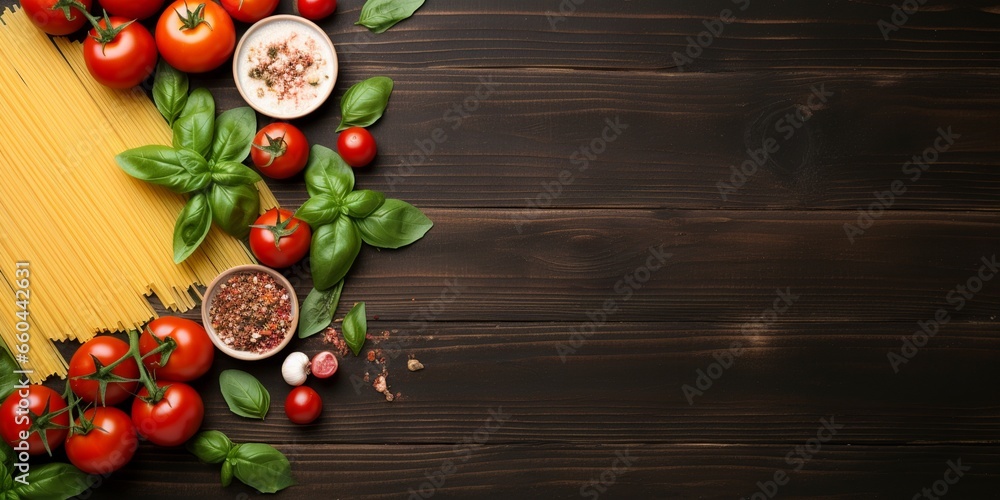 A vibrant flat lay showcasing Italian cuisine essentials like pasta, tomatoes, and basil, celebrating the tricolors of the Italian flag, perfectly captured from a top view with an empty space.