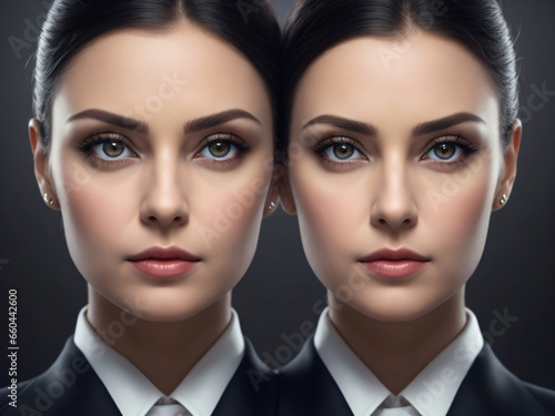 Business woman looking straight at camera, symmetrical, eyes looking realistic, cinematic lighting
