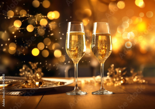 Champagne in luxury glasses for celebration party on bokeh background.Macro.AI Generative