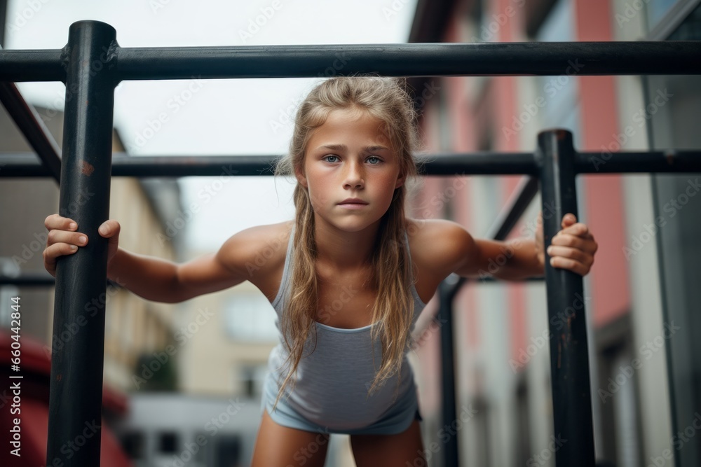 Photography in the style of pensive portraiture of a handsome kid female doing calisthenics exercises on outdoor bars. With generative AI technology Photography in the style of pensive portraiture of a handsome kid female doing calisthenics exercises on outdoor bars. With generative AI technology