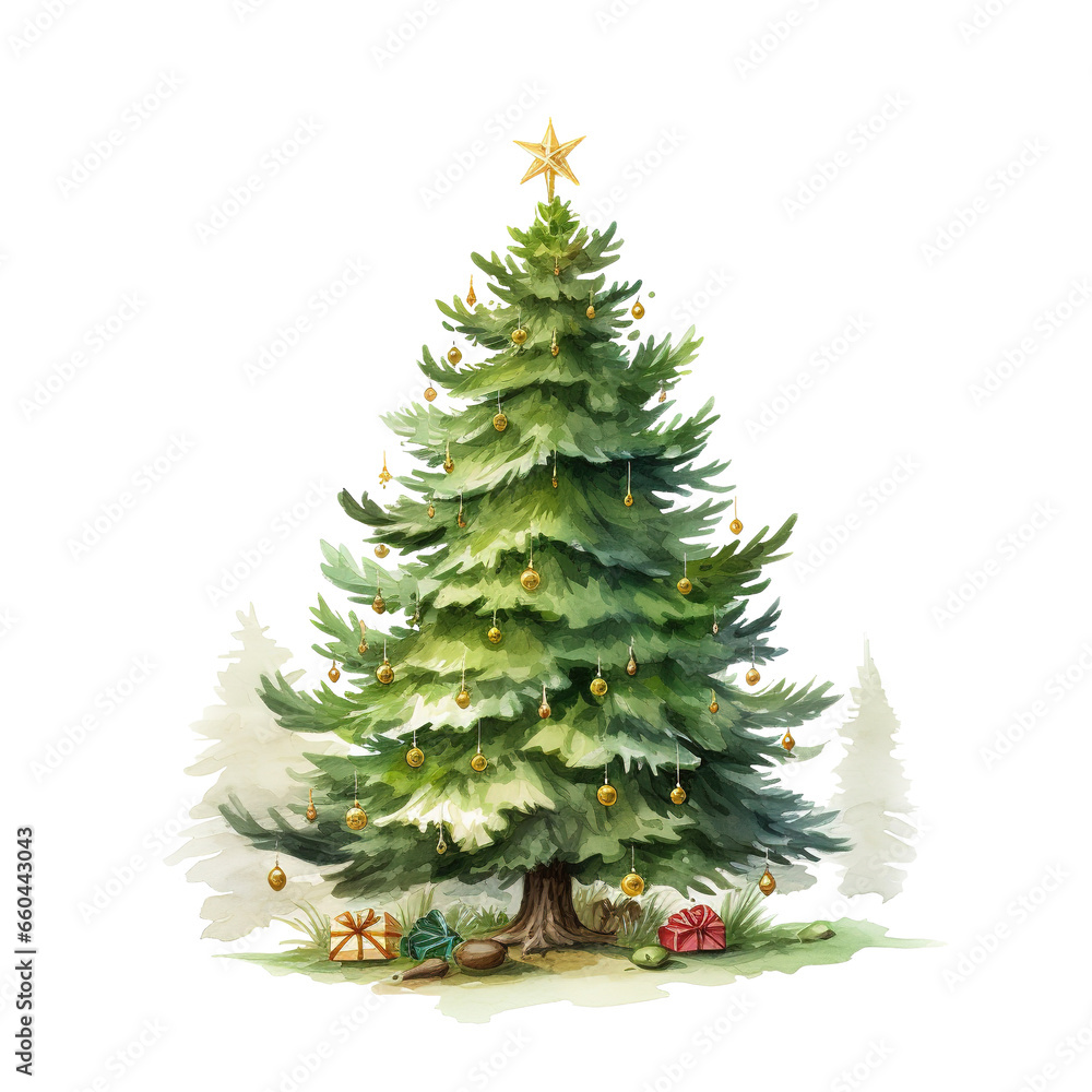 Christmas Tree For Christmas Event. Watercolor Style. AI Generated