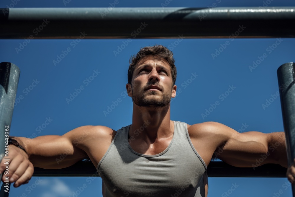 Photography in the style of pensive portraiture of a handsome boy in his 30s doing calisthenics exercises on outdoor bars. With generative AI technology Photography in the style of pensive portraiture of a handsome boy in his 30s doing calisthenics exercises on outdoor bars. With generative AI technology