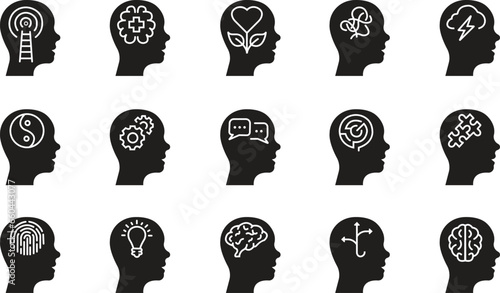 Set of Mental health flat icons. Emotional support, Inspiration, Opportunity pictogram. Psychology Therapy Outline signs. Intellectual Process Symbol collection isolated on transparent background.