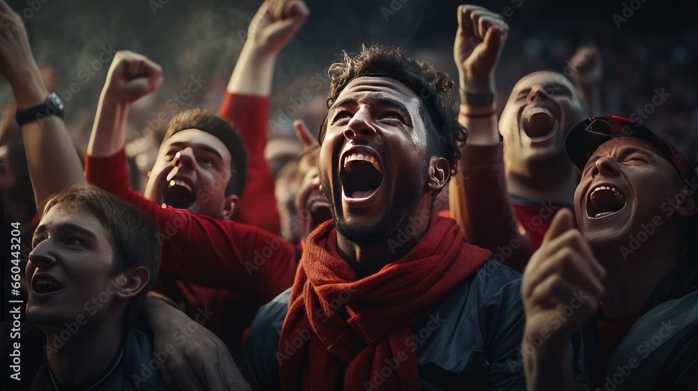 Excited sports fans at live game chanting and cheering for their team Excited sports fans at live game chanting and cheering for their team