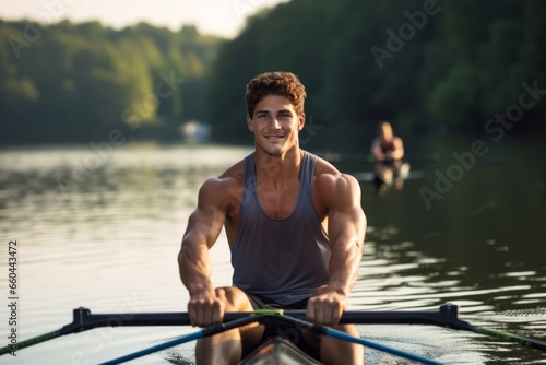 Sports portrait photography of a focused boy in his 30s rowing in a lake. With generative AI technology