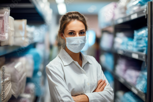 Woman shopassistant wearing protective mask in a supermarket photo