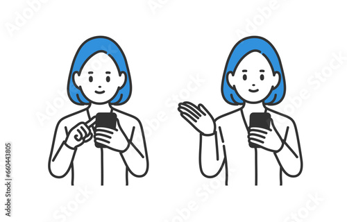 スマホを見る･案内のポーズをするビジネスパーソン女性のセット【人物ベクターイラスト素材】