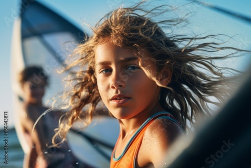 Close-up portrait photography of a concentrated kid female windsurfing in the sea. With generative AI technology