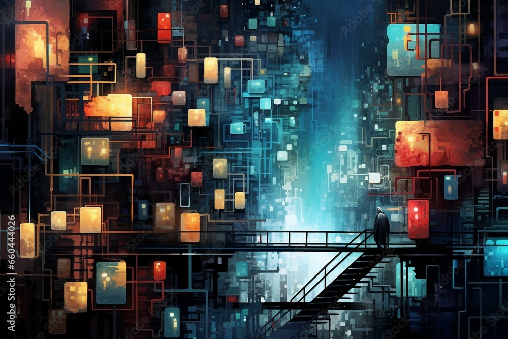 Shimmering urban landscape on vibrant circuitry. Generative AI