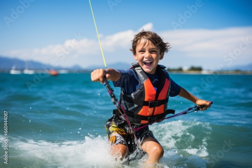 Lifestyle portrait photography of a determined kid male practicing kitesurfing in the sea. With generative AI technology