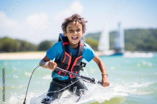 Lifestyle portrait photography of a determined kid male practicing kitesurfing in the sea. With generative AI technology