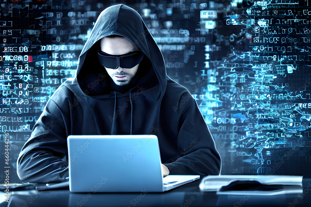 Shadowy Hacker Wearing Dark Glasses At Work On Laptop Computer Committing Digital Theft On Abstract Virtual Binary Code Stream 3D Render Style Shadowy Hacker Wearing Dark Glasses At Work On Laptop Computer Committing Digital Theft On Abstract Virtual Binary Code Stream 3D Render Style