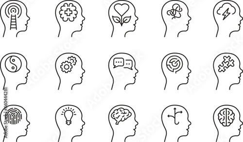 Mental health line icons Set. Emotional support, Inspiration, Opportunity pictogram. Psychology Therapy Outline signs. Intellectual Process Symbol editable stock isolated on transparent background.