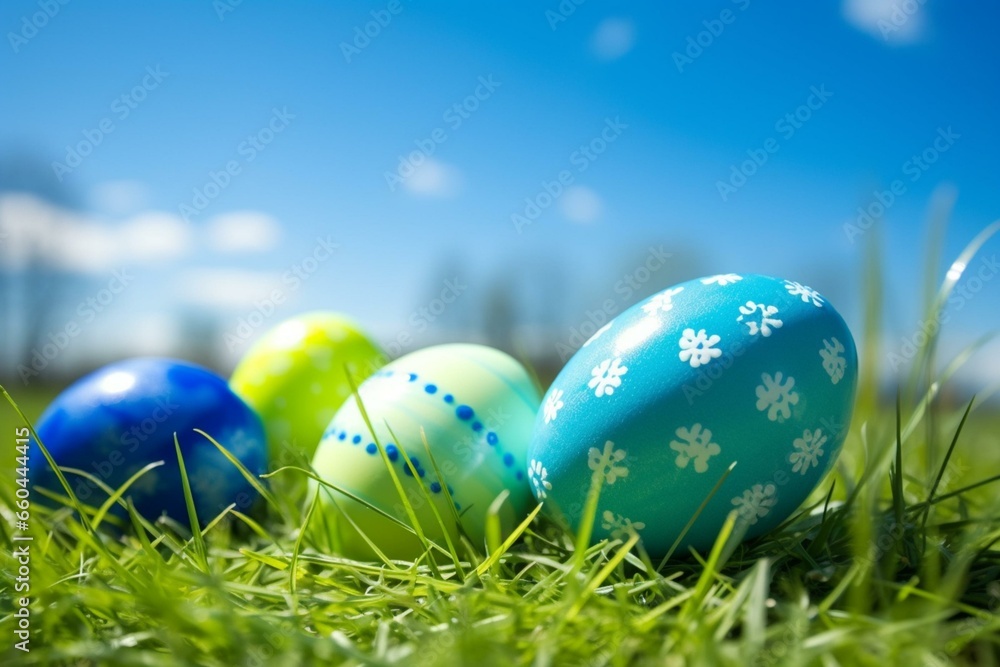Easter eggs on grass lawn with clear blue sky. Beautiful green & aqua eggs with polka dot, circle & ring patterns. Generative AI
