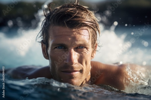 Headshot portrait photography of a fitness boy in his 30s surfing in the sea. With generative AI technology