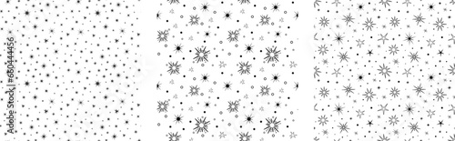 Set of graphic stars seamless patterns, magic celestial night. Golden stars. Bohemian symbols. Vector illustration isolated on  background. White night.