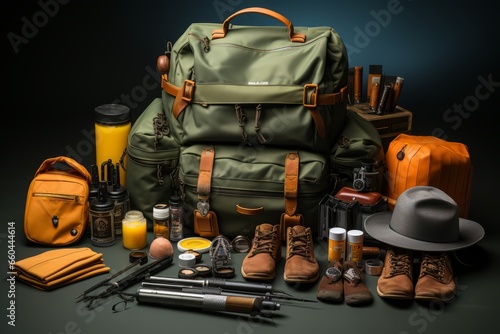  Fishing hat, sunglasses, and a tackle bag, portraying the preparations of an angler before hitting the water, Generative AI 