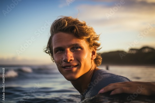 Lifestyle portrait photography of a relaxed boy in his 20s surfing in the sea. With generative AI technology