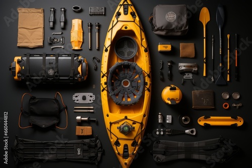 Fishing kayak, paddle, and fishing gear, highlighting the combination of kayaking and fishing, Generative AI