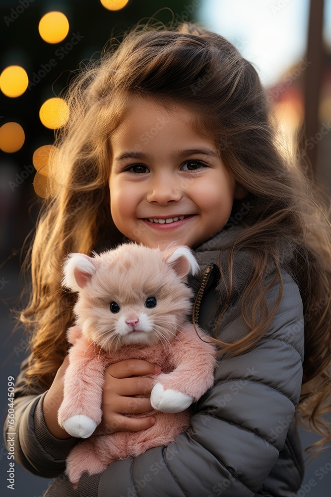 A little girl holding a stuffed cat in her arms. Imaginary AI picture. A little girl holding a stuffed cat in her arms. Imaginary AI picture.