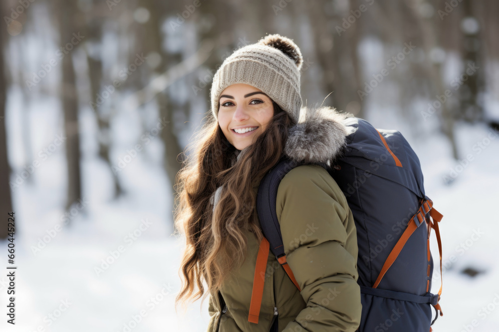 A woman with a backpack in the snow. Imaginary AI picture. Winter sports. A woman with a backpack in the snow. Imaginary AI picture. Winter sports.