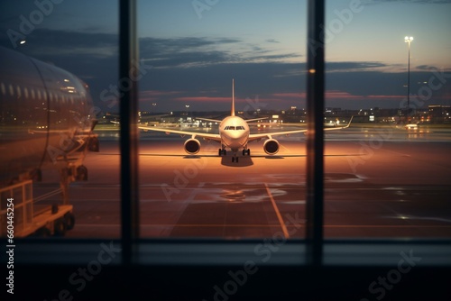 Airplane behind airport window. 
