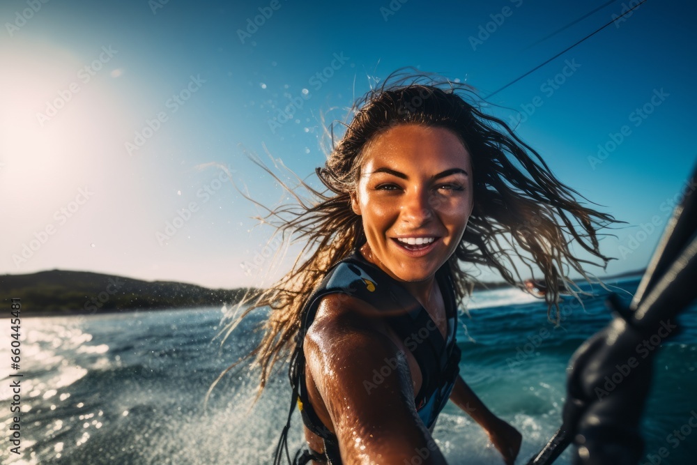 Photography in the style of pensive portraiture of a handsome girl in her 20s practicing kitesurfing in the sea. With generative AI technology