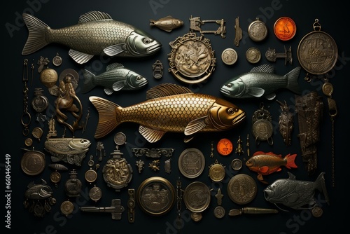 Fishing tournament trophy and medals, symbolizing the achievements of competitive anglers, Generative AI