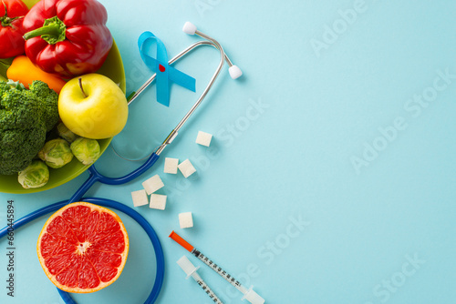 Diabetes Management: Top-down view of a blue ribbon emblem, insulin equipment, stethoscope, sugar cubes and a plate of nutritious foods, set against a pastel blue backdrop